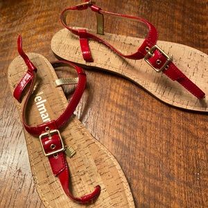 Libby Edelman red patent buckle thong flat sandals